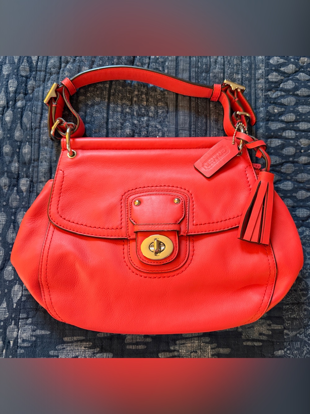 Coach Red/Salmon Leather Shoulder Bag with Silver Turnlock